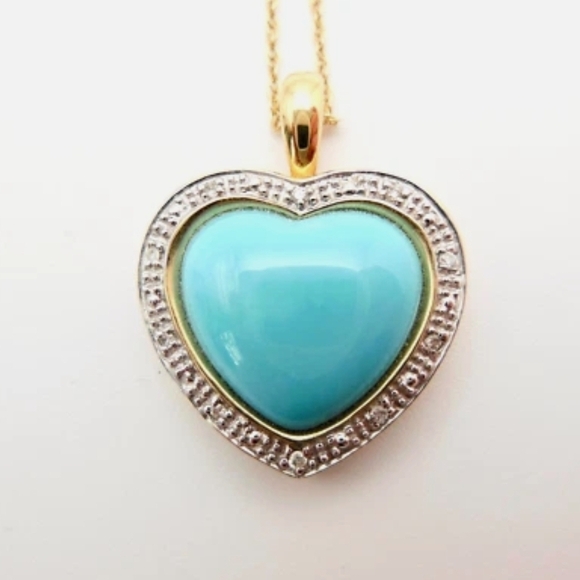 14k Yellow/white Gold and Turquoise Diamond Heart Pendant Necklace. Size 18
